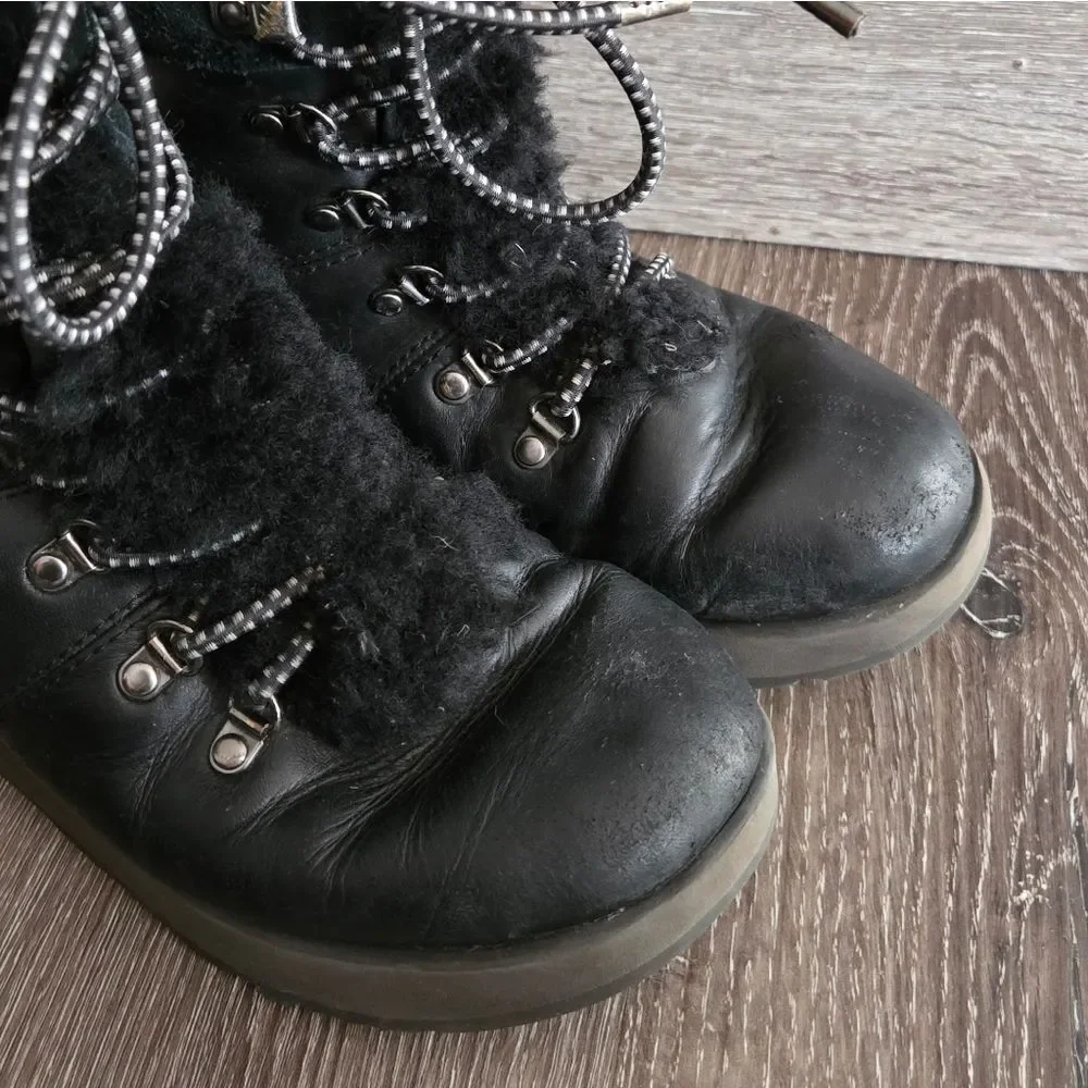 Ugg Viki  Sheepskin Waterproof Boots Women 6 Black Leather Shearling Vibram Sole